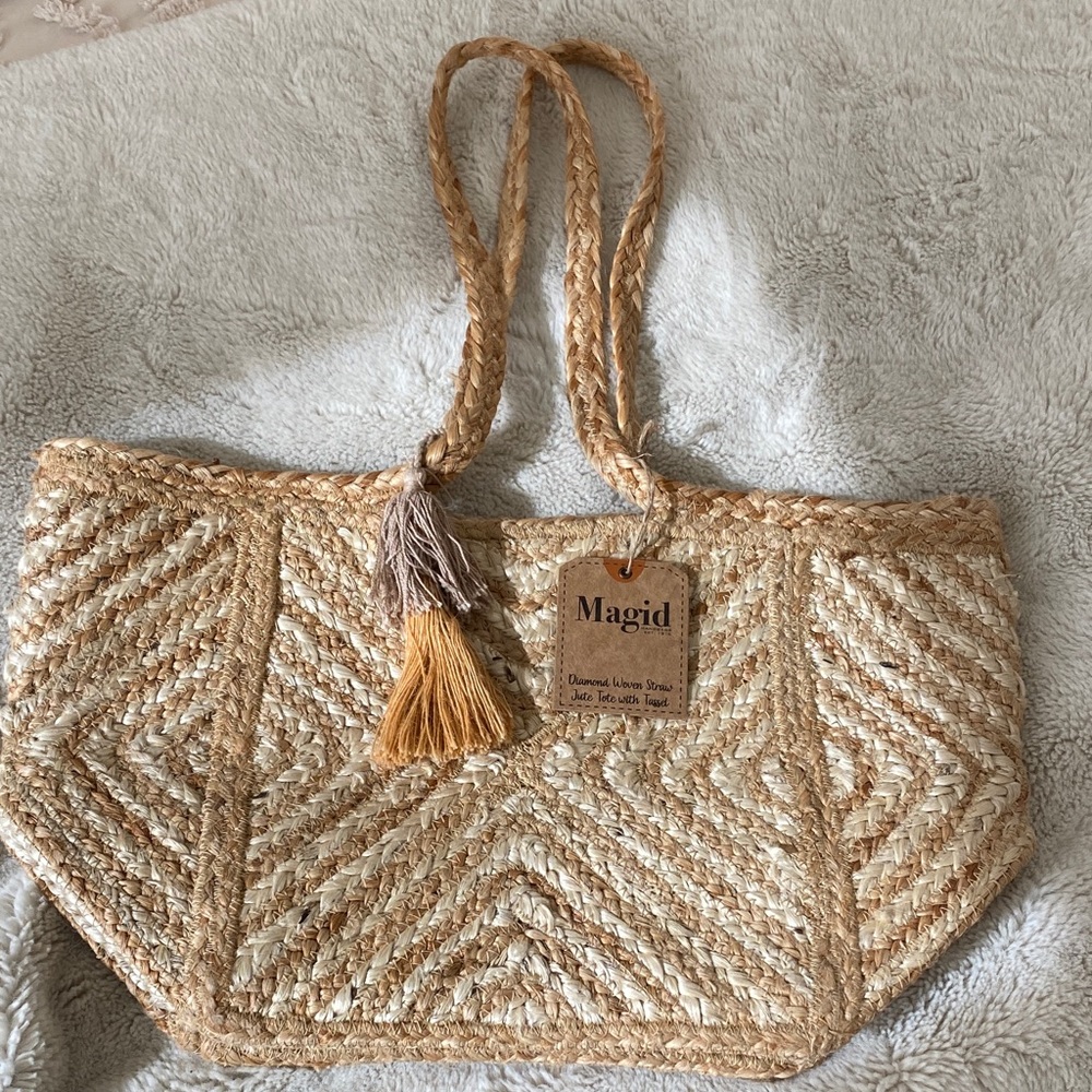 MAGID Diamond Woven Straw Jute Tote with Tassel. Brand New. Beach Bag. Vacation